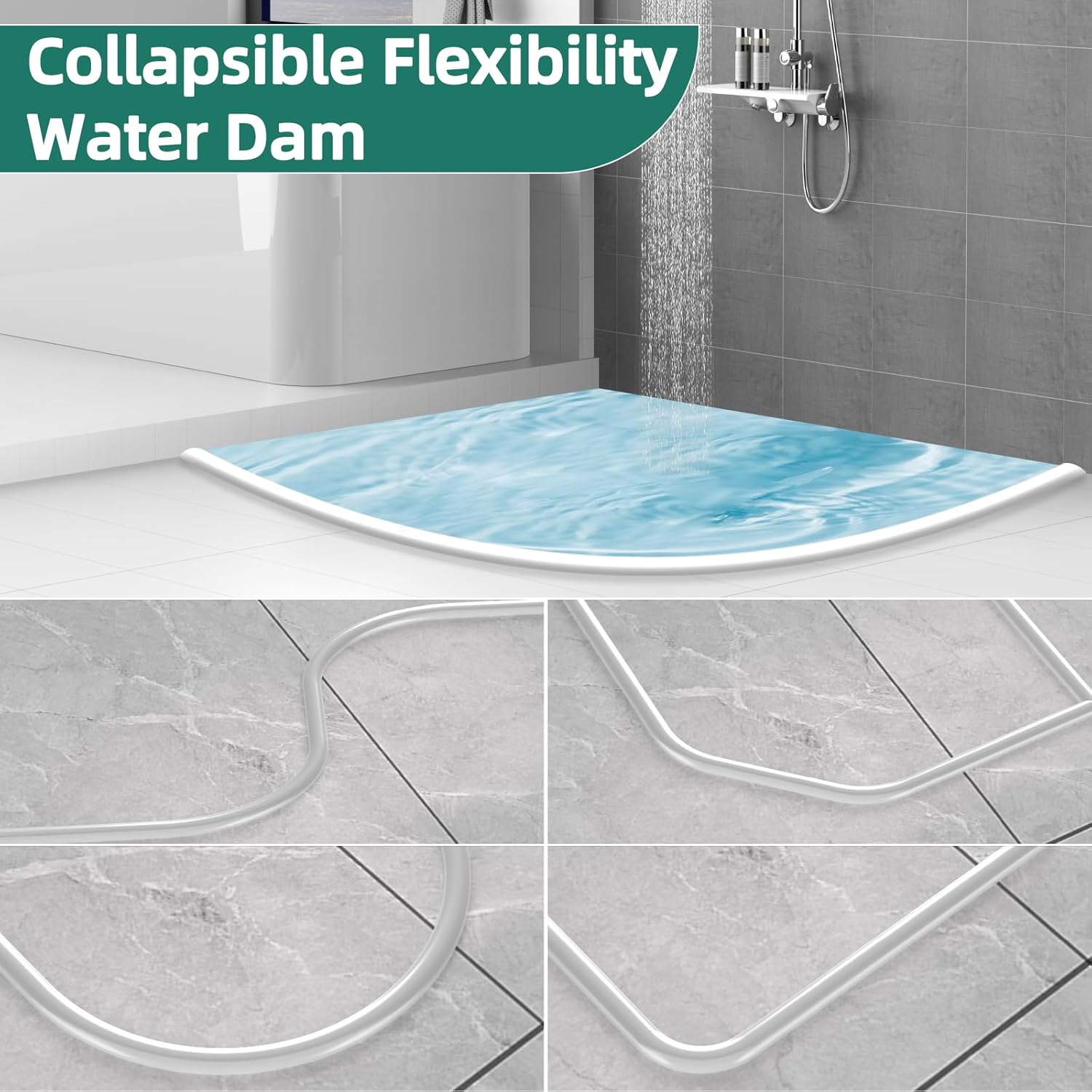 Shower Threshold Water Dam Shower Water Guard - 39 Inch Flexible Collapsible Waterproof Adjustable Bathroom Seal Strip, Self-Adhesive Shower Door Bottom Guard for Bathtub, Tile & Floor